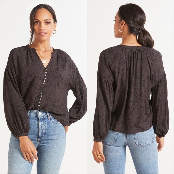 Z Supply Black V-Neck Mazzy Stamped Long Sleeve Rayon Top - Picture 1 of 6